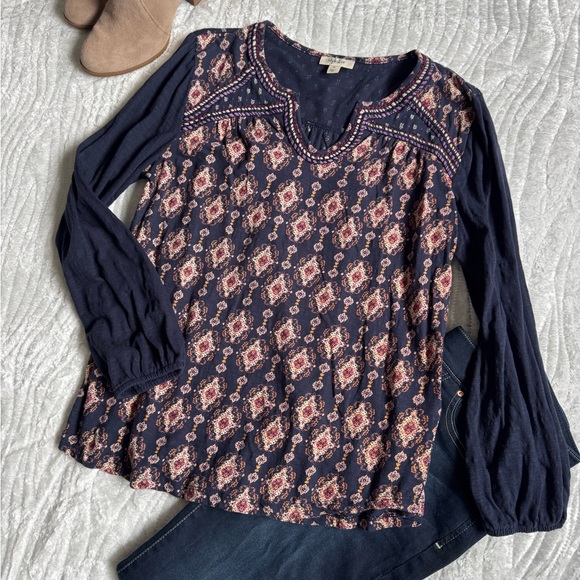 VGUC!💕Boho Navy Printed Long-Sleeve Women's Top - Picture 2 of 9